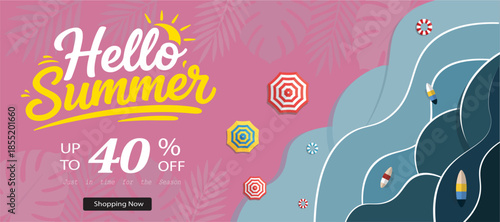 Hello Summer sale banner template with tropical leaves, beach elements, and customizable discount text on a vibrant background