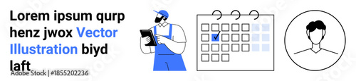 Time management, task scheduling, workforce planning, employee organization, productivity tools, professional profiles. Worker holding a clipboard with a calendar and profile icon. Time management
