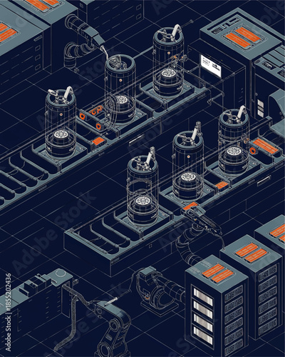 Futuristic robotic factory conveyor with cybernetic pods and automated machines in isometric sci fi industrial illustration