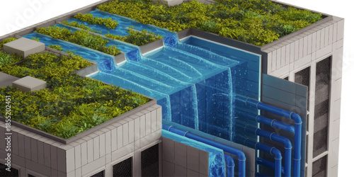 Futuristic eco friendly rooftop garden with cascading water system and blue pipes on modern sustainable building illustration