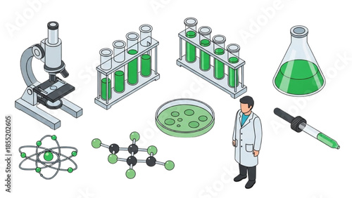 Science Laboratory Equipment Set with Microscope, Scientist, Test Tubes, Petri Dish and Atom Model