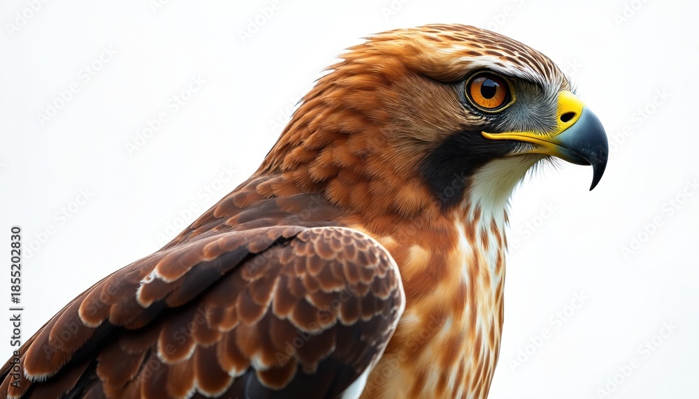 Fototapeta premium Close up profile of red tailed hawk bird. Bird of prey with brown feathers and sharp beak sits on white background. Intense orange eye watches. Raptor looks forward.