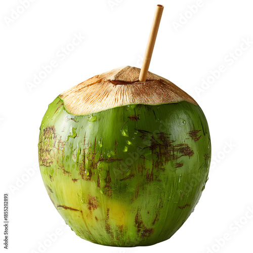 Fresh coconut with straw on white background isolated on transparent background