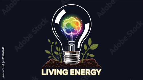 Living energy concept illustration, glowing rainbow lightbulb with plant growth in soil on dark background, sustainable green innovation