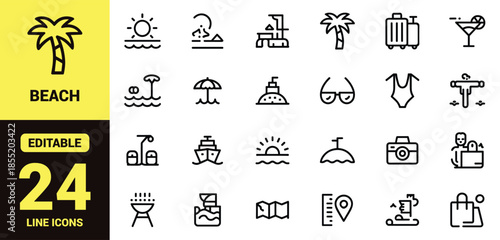 Beach and Summer Vacation Line Icon Set with Palm Tree, Sunset, Surfboard, Cruise Ship, Sunglasses, Swimming Suit and Tropical Travel Symbols