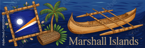 Marshall Islands travel banner with traditional outrigger canoe, national flag, palm tree and Pacific ocean illustration