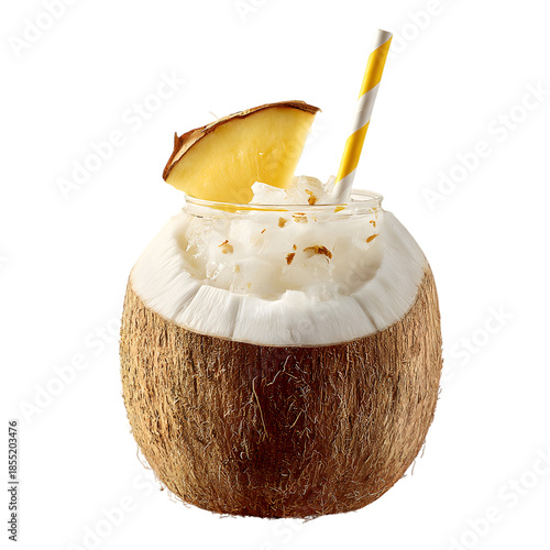 Coconut drink served in coconut shell with pineapple slice isolated on transparent background