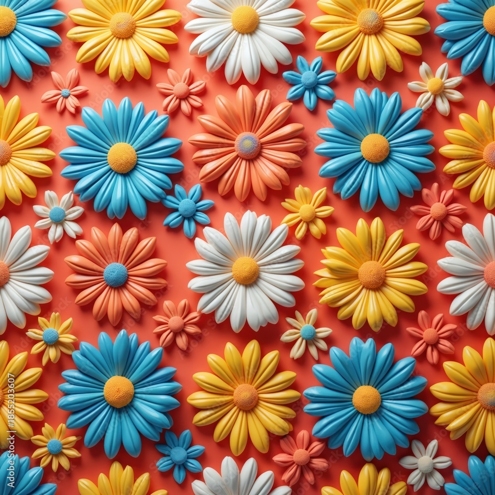 Fototapeta premium Bright daisy flowers in various colors like yellow, blue, and orange fill the frame. White daisies also appear scattered throughout the lively, cheerful floral arrangement with a flat lay perspective.