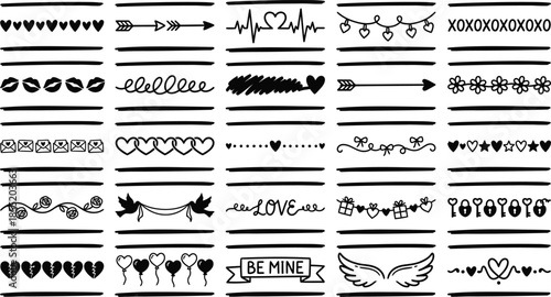 Collection of thick brush style valentine dividers. Vector black silhouette borders with hearts, birds, and love text for decoration.