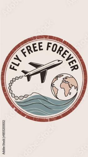 Vintage travel badge illustration with airplane globe and ocean waves, inspirational fly free forever wanderlust poster design