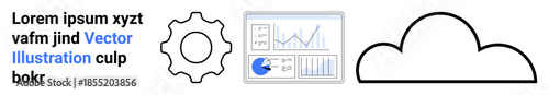 Gear symbol, analytics dashboard with graphs, and cloud outline. Ideal for technology, data, innovation, workflow, cloud computing, process improvement simple landing page