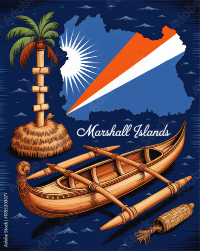 Marshall Islands vintage travel illustration with traditional outrigger canoe, palm tree, thatched hut and national flag map on ocean