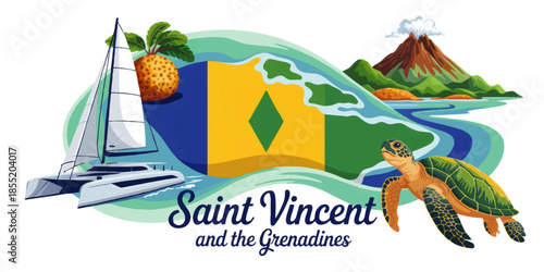 Saint Vincent and the Grenadines travel illustration with flag, sailing catamaran, sea turtle, tropical volcano and Caribbean islands