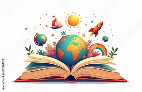 Open book unfolds worlds with globes, rocket, ship, sun, stars. Imagination and exploration bloom from pages. Read, learn, dream, and travel beyond boundaries.