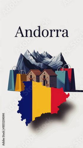 Andorra travel shopping illustration with Pyrenees mountains, village houses and colorful map flag for tourism, retail and marketing design