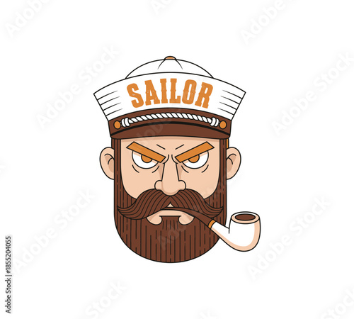A vintage illustration of an angry sailor s face with a pipe and traditional hat