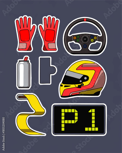 Racing driver equipment sticker set, cartoon motorsport helmet gloves steering wheel dashboard P1 display on blue background