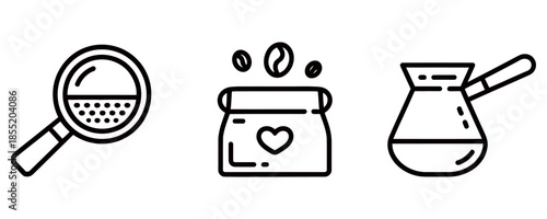 Coffee brewing icons including strainer, bag, and pot