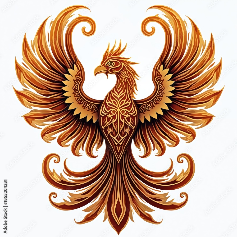 Obraz premium Samoan art style phoenix with ornate golden patterns, isolated on white background. Mythical bird symbolizes rebirth, strength, and eternity. Majestic creature spread wings wide.
