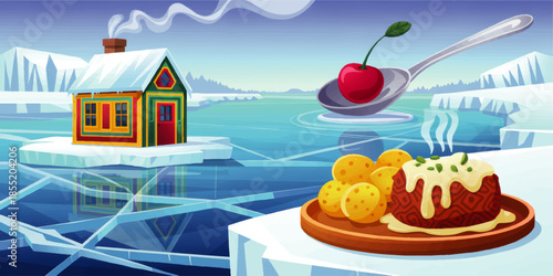 Cozy colorful cabin on frozen arctic lake with steaming winter dessert, potatoes and cherry spoon in whimsical cartoon landscape