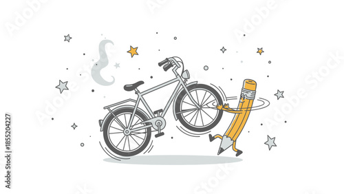 Whimsical illustration of a cheerful yellow pencil character riding a grey bicycle under a starry night sky.