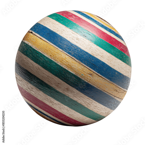 Distressed wooden sphere with vibrant diagonal stripes, showcasing rustic texture and aged charm, isolated view.