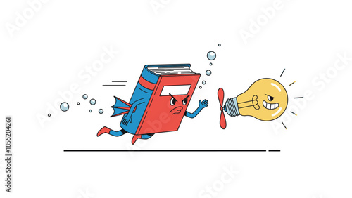 A personified red book with fins and arms angrily chases a propeller-driven lightbulb, both with angry expressions, in a dynamic race.