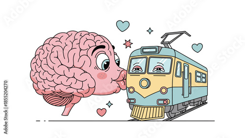 A cartoon brain with a face kissing a train with a face, surrounded by hearts.
