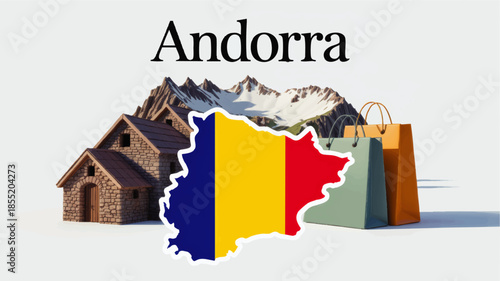 Andorra travel illustration with flag map, Pyrenees mountains, stone houses and shopping bags for tourism and duty free concept