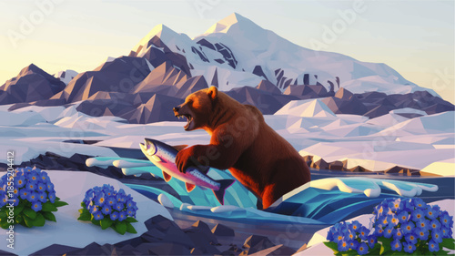 Low poly brown bear catching salmon in icy arctic river with snow covered mountains and blue wildflowers at sunrise