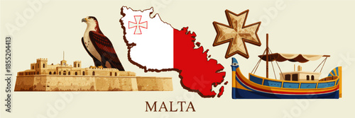 Malta travel illustration with skyline fortress, falcon, map with flag, Maltese cross and traditional colourful luzzu boat