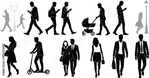 Black and gray urban silhouettes of diverse people walking, using phones, and interacting in public city environments