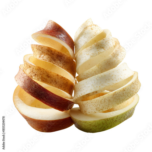 Artistically sliced apple and pear halves revealing vibrant colors against a dark background