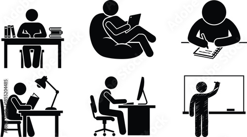 Black and white icons of people engaged in various educational and study activities using books, tablets, and computers