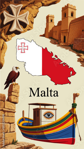 Colorful Malta travel illustration with traditional luzzu boat, historic fortress, Maltese cross, island map and eagle