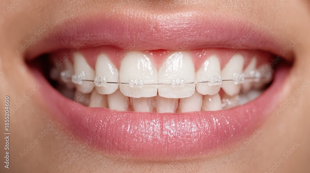 Fototapeta premium A mouth with orthodontic braces emphasizes dental alignment, oral health, and modern teeth straightening treatment for editorial use. 