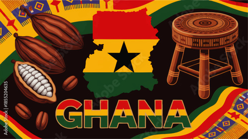 Colorful Ghana cultural illustration with cocoa pods, kente patterns, Ghana map flag silhouette and traditional wooden stool