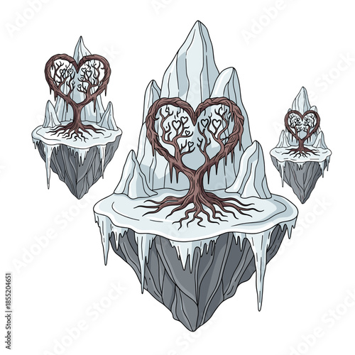 Intricate heart-shaped tree sculptures on icy floating islands  