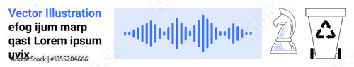 Audio technology, chess strategy, sustainability, recycling, sound design, decision-making. Blue soundwave, chess knight figure recycling bin icon. Explores audio and chess strategy concepts