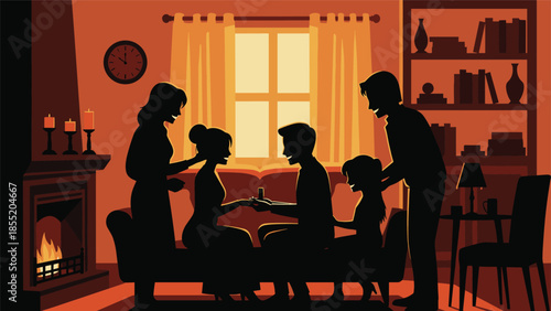 Silhouettes of family gathering in cozy living room with romantic proposal and festive atmosphere around fireplace and candles