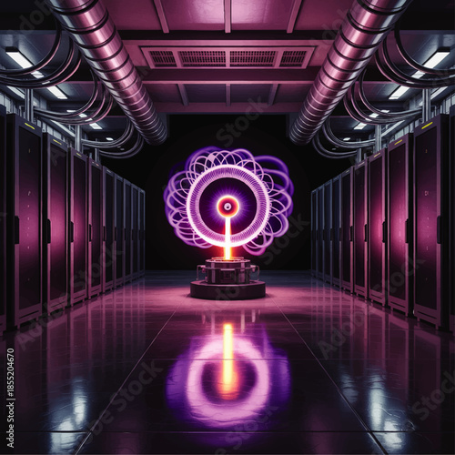 Futuristic data center with glowing quantum energy core, neon purple server racks and cyberpunk technology network background
