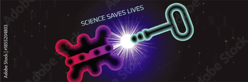 Neon science saves lives concept illustration with glowing bacteria cell and medical key unlocking cure on dark futuristic background