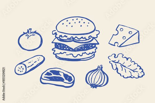 Burger ingredients doodle line icon set vector illustration