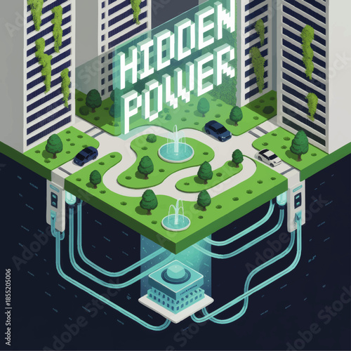 Futuristic hidden power grid under eco friendly smart city park, isometric green energy infrastructure and sustainable urban data concept