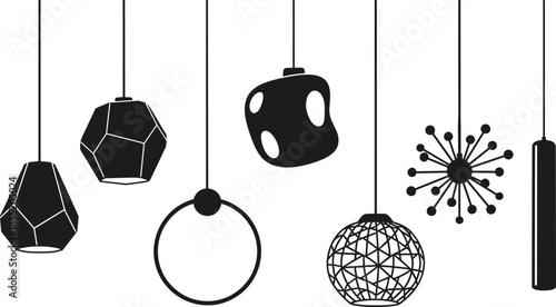 Stylized black and white silhouettes of modern pendant light fixtures showcasing diverse contemporary interior lighting designs