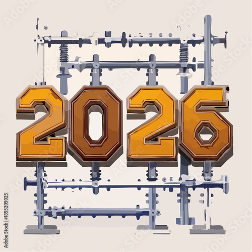 Futuristic industrial 2026 signage with metallic components and vibrant orange numbers