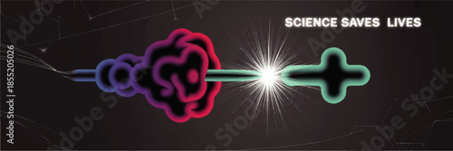 Futuristic science saves lives concept art with glowing particle beam, neural brain energy and bright medical cross on dark background