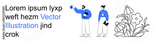 Team collaboration, creative brainstorming, communication, workplace environment, modern design, nature appreciation. Minimalist ion of two people and plants. Team collaboration and creative