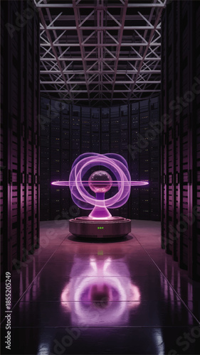 Futuristic glowing quantum core in high tech data center server room, neon purple hologram sphere, sci fi artificial intelligence concept