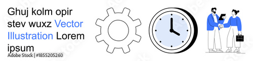 Business planning, teamwork, efficiency, time tracking, collaboration, corporate relations. Gear icon, clock symbol two people shaking hands. Business collaboration and teamwork concepts